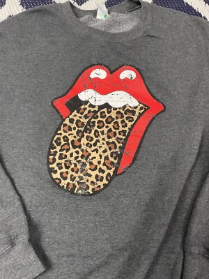 Rolling Stones Red Lips Leopard Tongue Logo Pullover Crew Gray Sweatshirt  Large | eBay