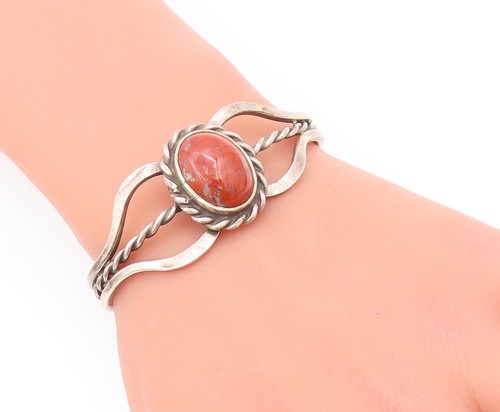 925 Sterling Silver Vintage Bracelet NAVAJO Rope Carved Gemstone Cuff  BT10567 - Picture 3 of 7