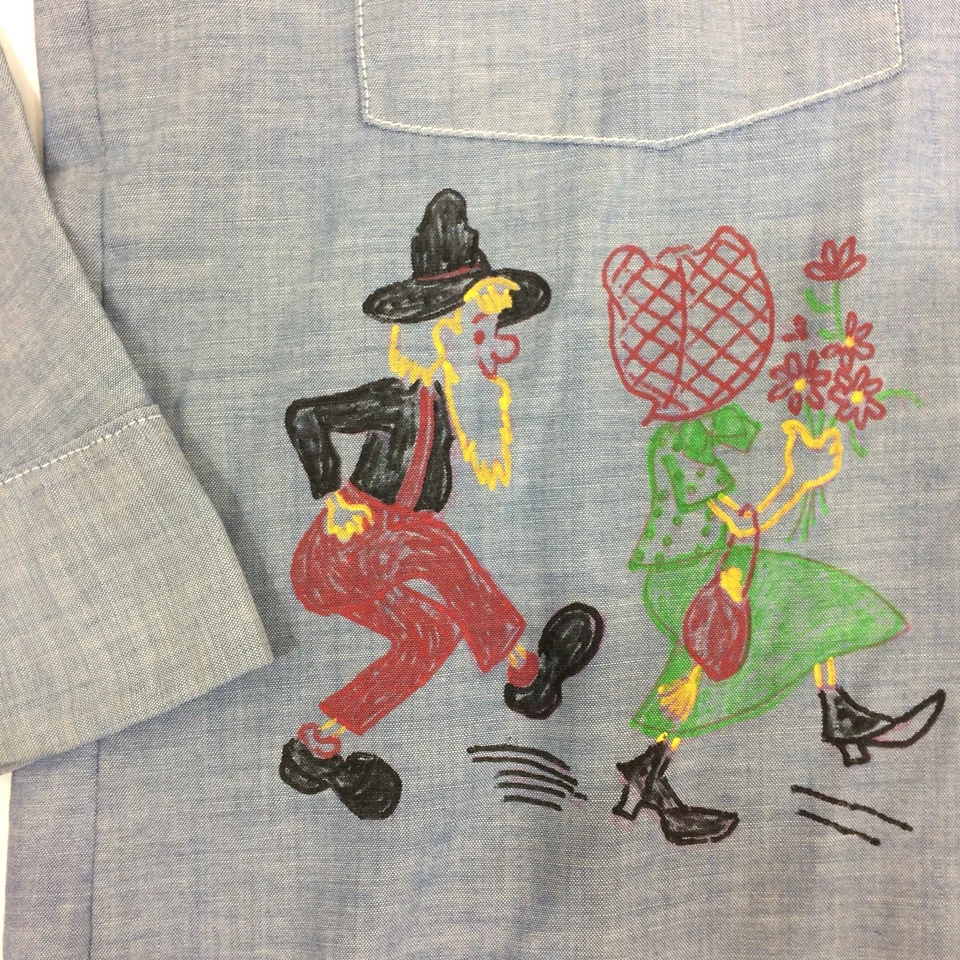 DICKIES Vtg 40 50's Men CHAMBRAY Hand Painted AMERICANA HILLBILLIES ART Shirt M - Image 3 of 4