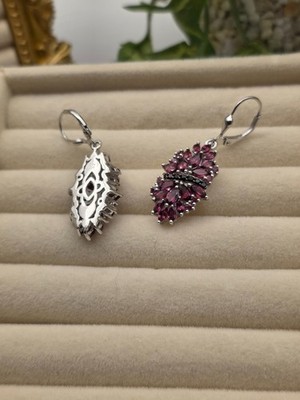 AMAZING!! Rhodolite & Black Spinel Mums Flower Earrings Rhodium Plated 6.35ctw