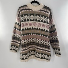 Vintage L.L. Bean Olive  Pink Fair Isle Mockneck Cotton Sweater Size Large