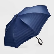 ShedRain UnbelievaBrella Striped Reverse Opening Stick Umbrella - Navy Blue