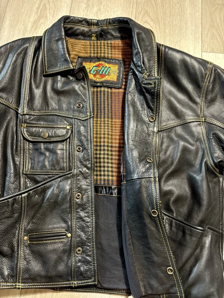 Chaqueta de Motociclista de Cuero Identidad Global G-III Años 90 De Colección Negra Forrada a Cuadros para Hombres M/L Foto 3 de 4