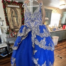Blue Gold Formal Quincea era Prom Ball Gown Dress with Embroidery