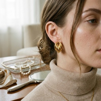 Artistic Gold Swirl Curved Stud Earrings, Hypoallergenic Fashion Earring Pair