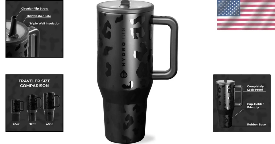Black Leopard Stainless Steel Tumbler - Flip Straw & Handle - Image 2 of 4