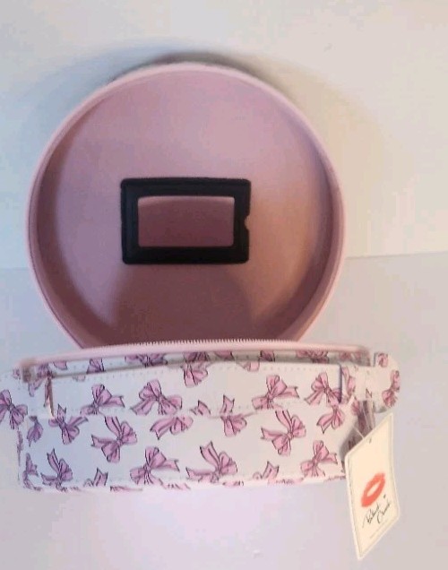 NWT! Blush Crush Round Travel Vanity Storage Case w/Mirror Pink Coquette Bows