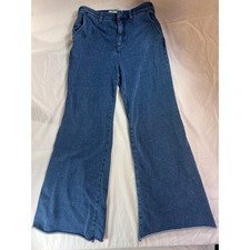 Anthropologie Pilcro Wide Leg Denim Knit Pants Blue High Rise Raw Hem Size 30