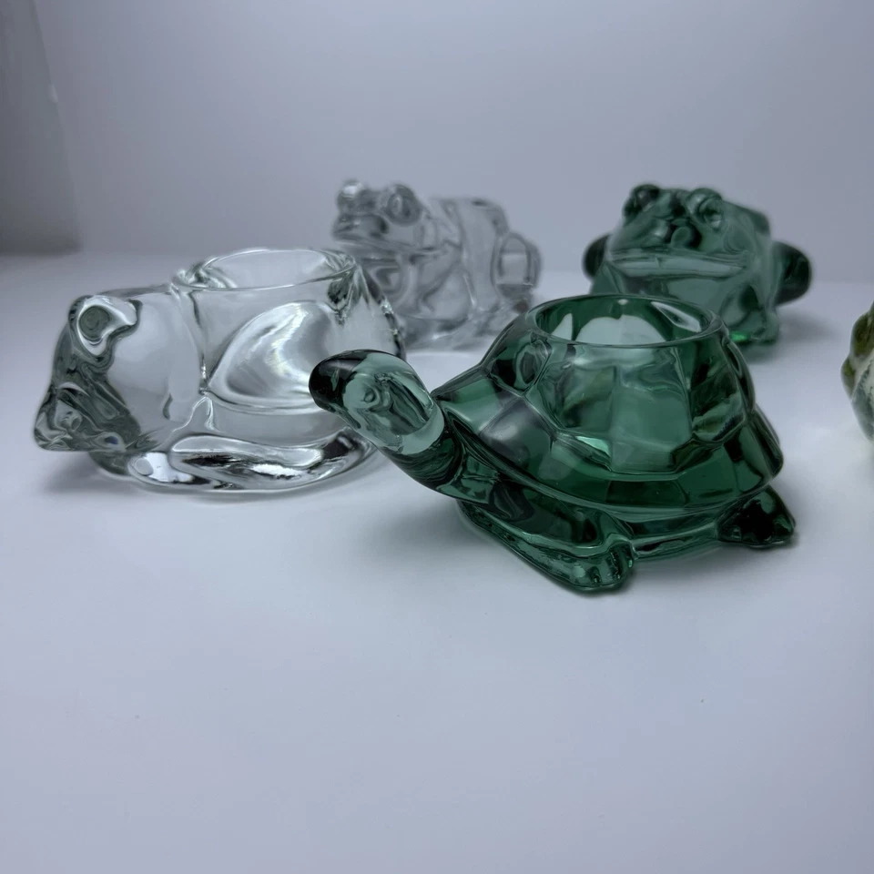 5 Candelabros Votivos Verdes Vintage Indiana Vidrio Gato Tortuga Pájaro Rana Foto 3 de 4