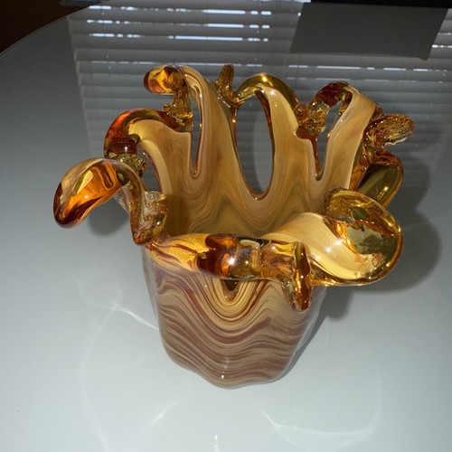 MURANO ART WORK FATTO A MANO in ITALIA Vaso Cristallo Fiamma Ambra 5,5"T x 5,5"W~OTTIME CONDIZIONI - Foto 6 di 9