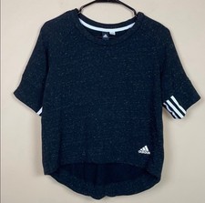 Adidas Women s Heather Black White Short Sleeve Cropped Hi-Low Sweatshirt Sz M
