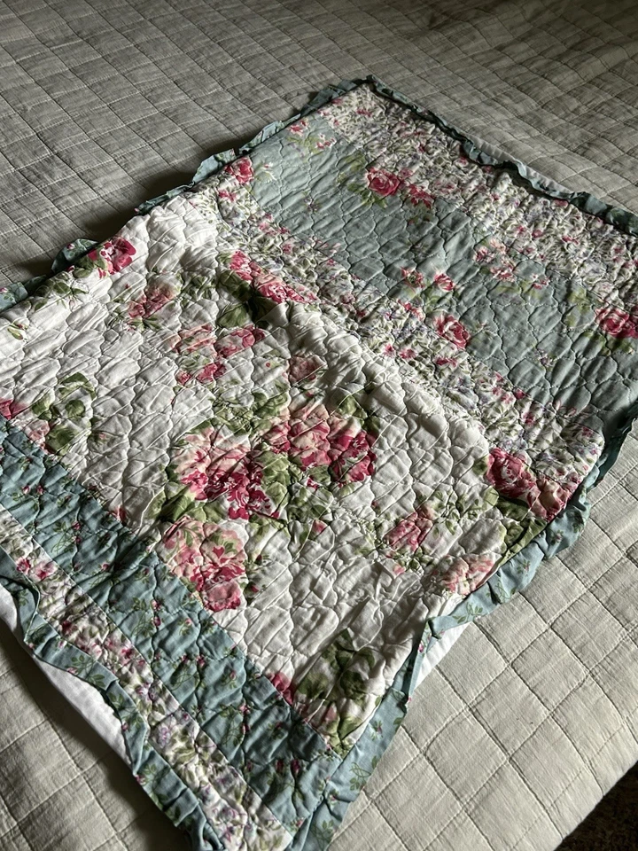 Travesseiro floral chique chique chique rosas azuis acolchoado patchwork babados padrão - Imagem 2 de 4