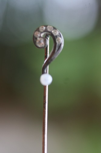 Antique STERLING SILVER ? QUESTION MARK STICK PIN W/RHINESTONES AND MOONSTONE ?