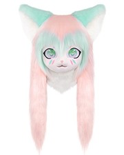 Furry Cat Head Mask Long Faux Fur Hair Animal Large Pink Halloween Decor