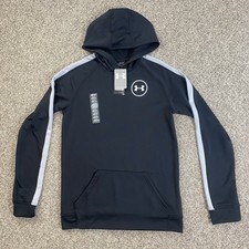 NWT Under Armour Hooded Sweatshirt Boys YXL Black White Logo Pocket Pullover