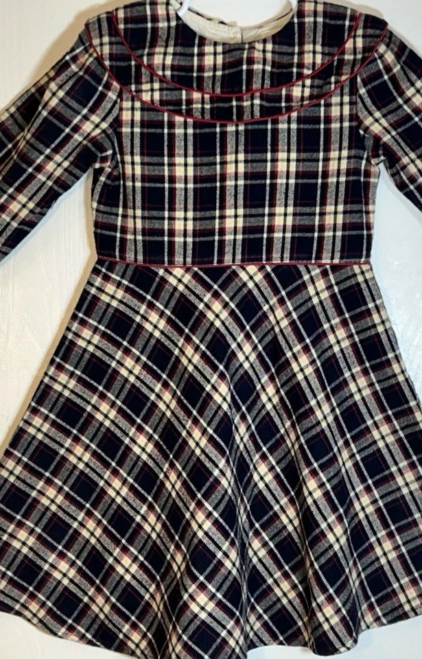 Olive Juice Little Girl Dress Flannel Long Sleeve Navy/Ivory/Red Plaid Collar - Image 4 of 4