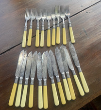 Antique Victorian Silver-Plated Fish Knvies & Forks Set of 21 Celluloid Handles
