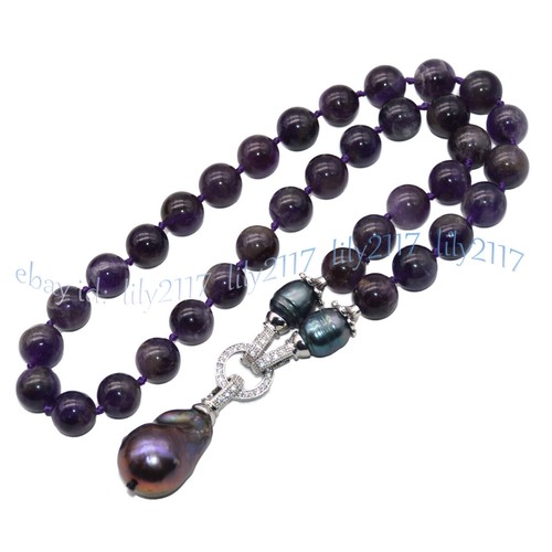 Natural Purple Amethyst Beads Black Keshi Baroque Pearl Pendant Necklace 14-32'' - Picture 2 of 11