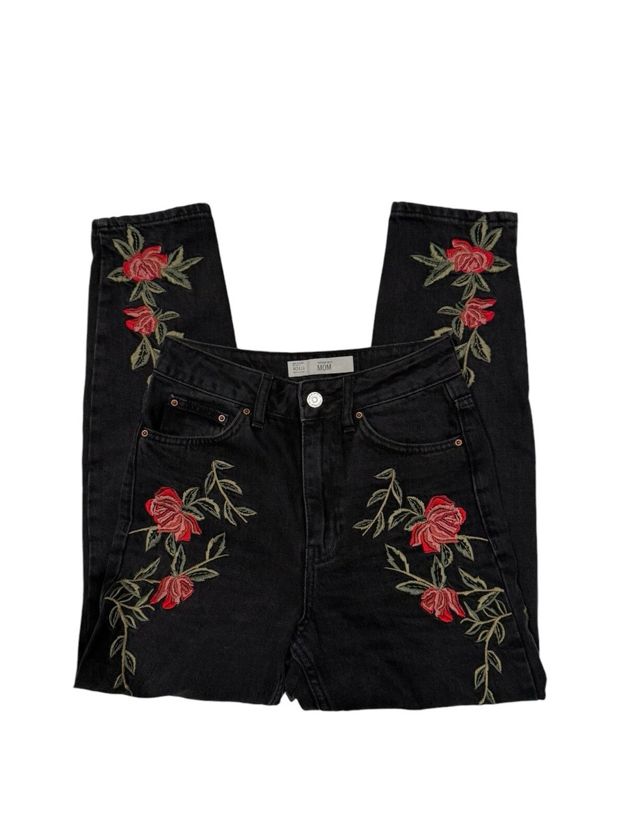 トップス j-mom Topshop Women's Moto Mom Jeans Tiger Flower Embroidered