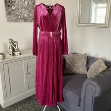 Fuchsia Velveteen V-Neck Long Balloon Sleeve Belted Flared Maxi Dress S 8-10