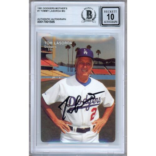 Tommy Lasorda signiert 1991 Dodgers Mothers #1 Karte Beckett BGS AUTO 10 Platten