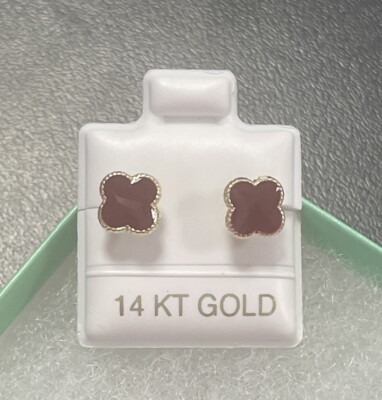 14K Small Yellow Gold Four Leaf Red Flower Stud Earrings With Safety Backing