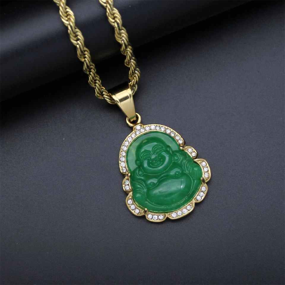 1pc Edelstahl Strasssteine Jade Buddha Anhänger Schmuck Gold Kette Halskette - Bild 3 von 4
