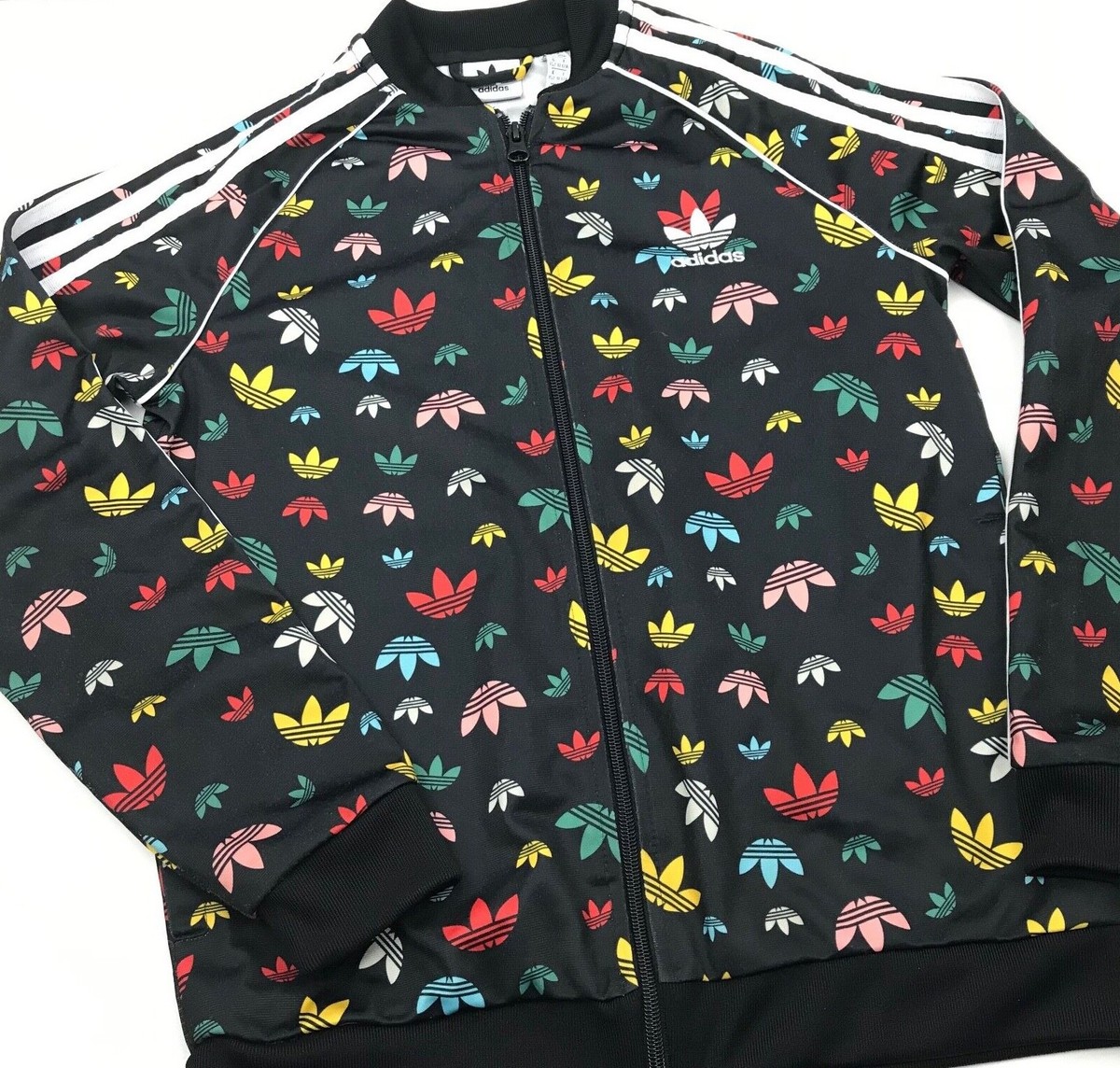 ADIDAS 3 Stripe Trefoil Logos Zip Track Jacket Girls M 10/12