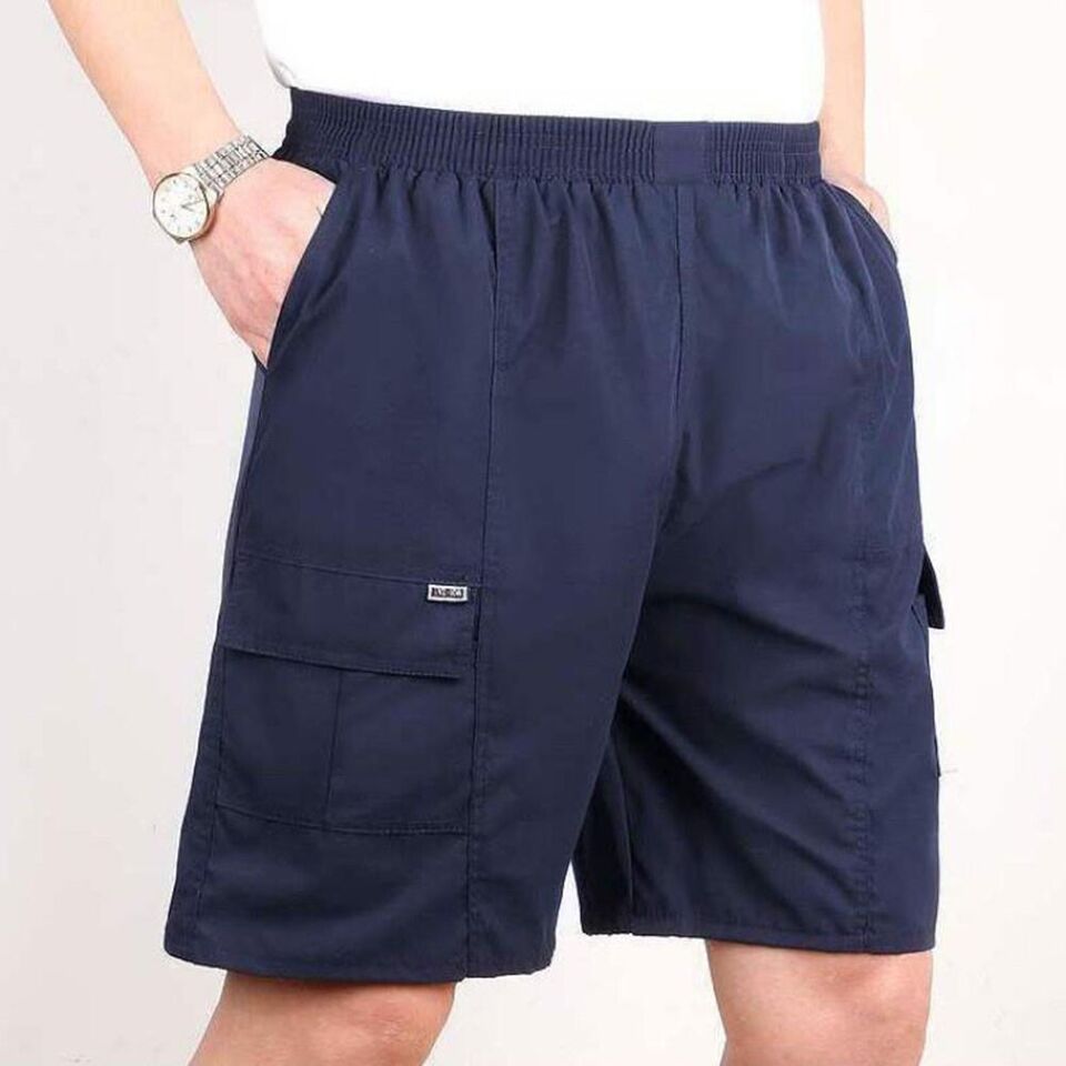 Retro Style Navy Blue Cargo Shorts for Men Knee Length Cotton Zip ...