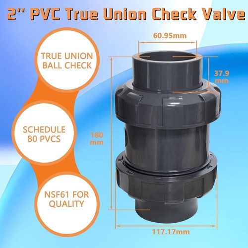 PVC True Union Check Valve 2’’ Slip Swing Full Port Utility Check Valve Sch80 - Picture 7 of 7