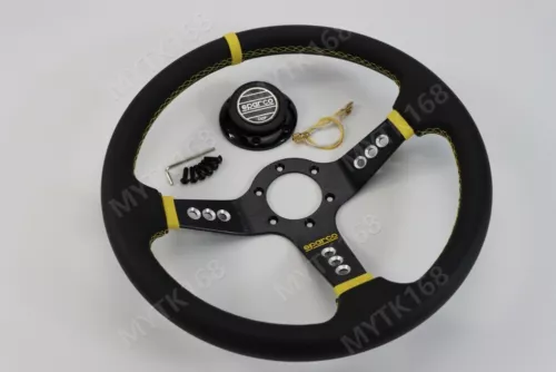 SPARCO LEATHER DEEP DISH STEERING WHEEL 14"INCH UNIVERSAL CAR Yellow COLOUR - Picture 6 of 9