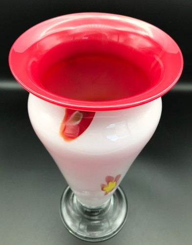 Millefiori Cased Glass Footed Vase, Hand Blown White Red -- 12.5 Inches - Picture 4 of 6