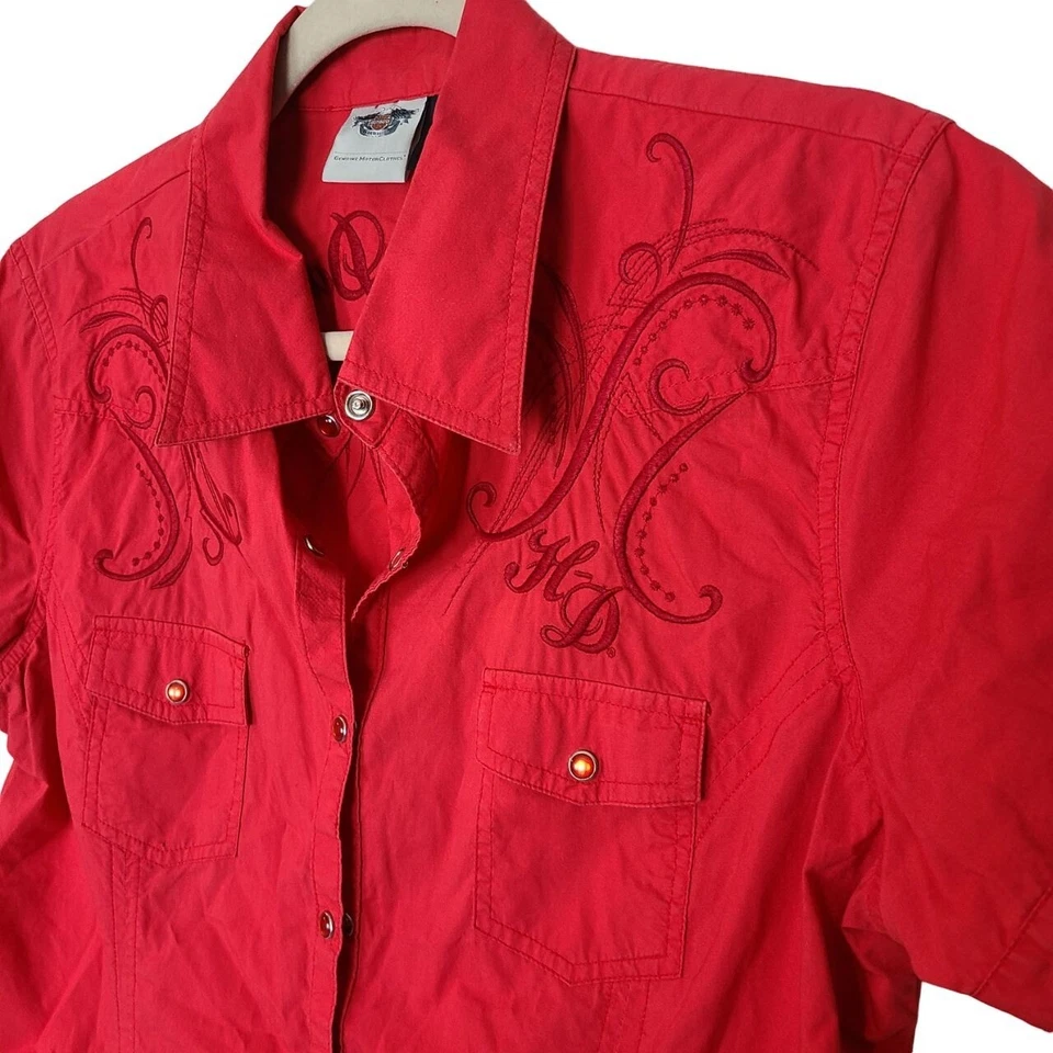 Camisa occidental Harley Davidson para mujer L rosa bordada manga corta frente a presión Foto 4 de 4