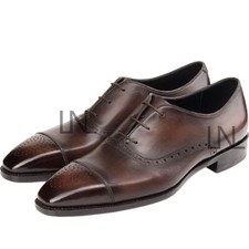 Men's Brown Color Oxford Cap  Brogue Toe Genuine Leather Lace Up Formal Shoes