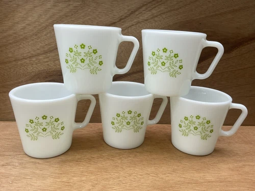 Pyrex Milk Glass Coffee Mug Cup Green Flowers Blossom Crazy Daisy, Lot/5 Vintage