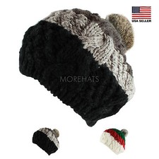 Faux Fur 3 Stripe Pompom Crochet Knit Beanie Beret Warm Winter Ski Hat Womens