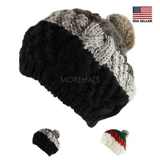 Faux Fur 3 Stripe Pompom Crochet Knit Beanie Beret Warm Winter Ski Hat Womens
