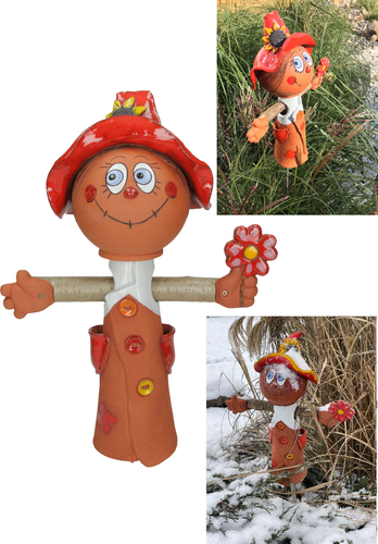 Keramik Gartenstecker Dekoration Statue Vogelscheuche H45cm Midene Handgefertigt - Bild 15 von 18