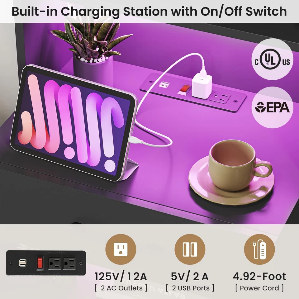 Mesa de cabeceira alta, grande suporte de noite preto com estante e 3 gavetas, mesa de cabeceira - Imagem 3 de 4