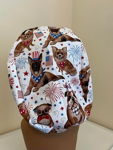 Patriotic Dogs Animal SCRUB HAT Ladies Euro USA - Nurse Chef White Puppy Flag - Picture 2 of 5