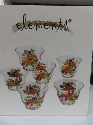 NIB ELEMENTS GORGEOUS HAND PAINTED HARVEST FRUIT DESSERT GLASS BOWLS  (6) 10 OZ 
