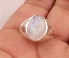 Natural Oval Cut Rainbow Moonstone Signet Ring 925 Silver Handmade Men's Jewelry