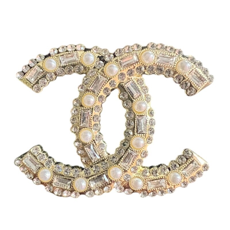 Chanel Vintage Gold Pearl and Multi Crystal CC Brooch Autumn