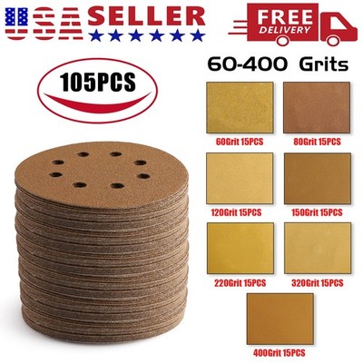 105Pcs 5 inch Sanding Discs 8-Hole Hook Loop for Orbital Sander Paper 60-400Grit