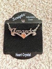 Silver Scriptz “Amanda” Name Necklace - Orange Heart Crystal, Adjustable Chain