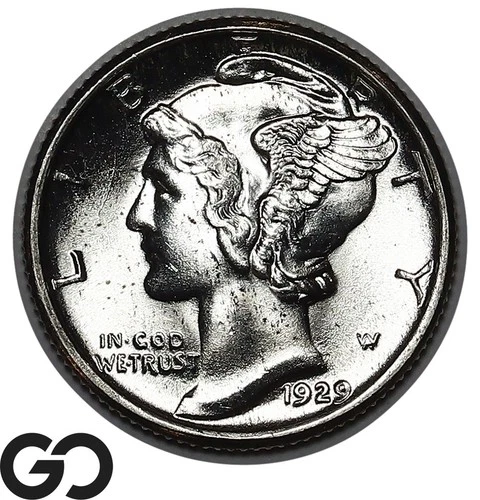 1929 Mercury Dime, Full Split Bands, Lustrous Solid Gem BU++ FSB
