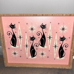 Atomic Cat Bamboo Serving Tray Pink MCM Style Retro Starburst Atomic Cat Decor