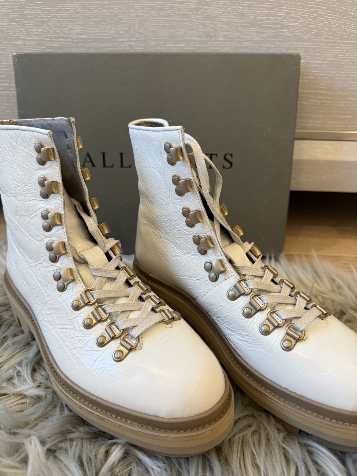 All Saints  Womens Wanda Crinkle Boot White Leather Ankle  Size 40