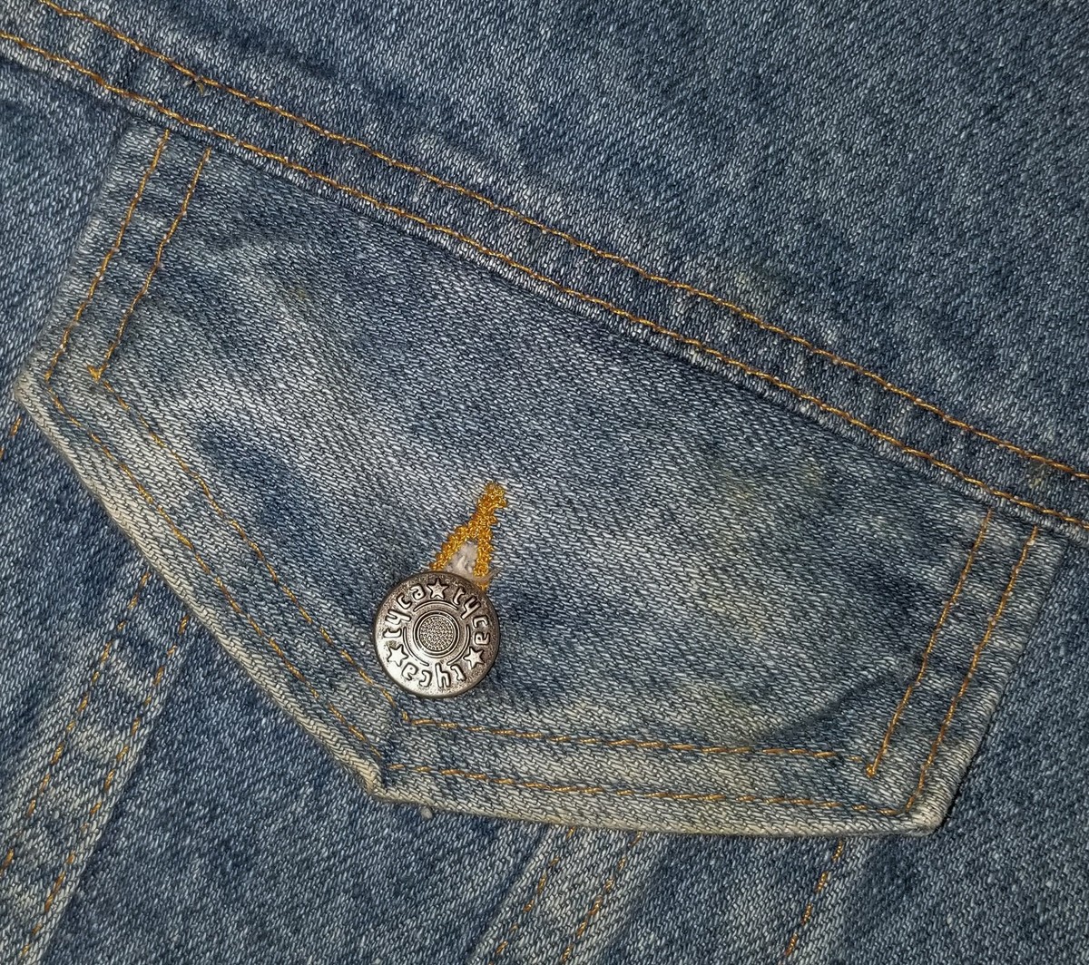 90s デニムジャケット　USビンテージ　イェーガーマイスター JAGERMEISTER Denim Jacket Vintage 90s Embossed Spell Out Biker