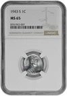 1943 S 1c Lincoln Steel Wheat Cent NGC Graded MS 65 in New Holder